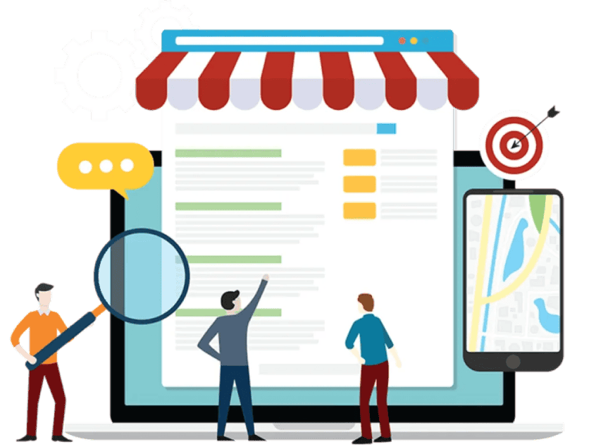 A digital illustration representing SEO concepts. It features three people examining search engine results on a desktop computer, with one holding a giant magnifying glass. Other elements include a storefront awning over the screen, a mobile phone displaying a local map, and a target with a bullseye.